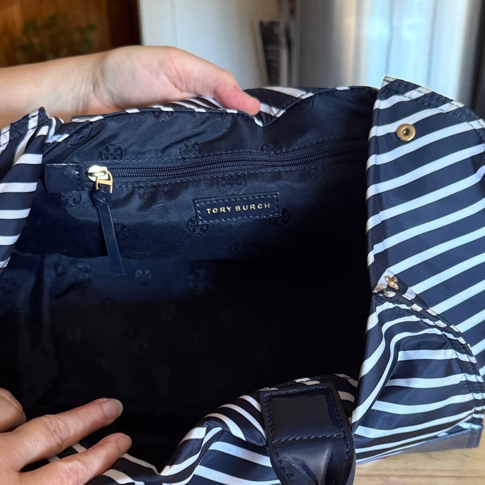 Tory Burch Navy and White Striped Bag